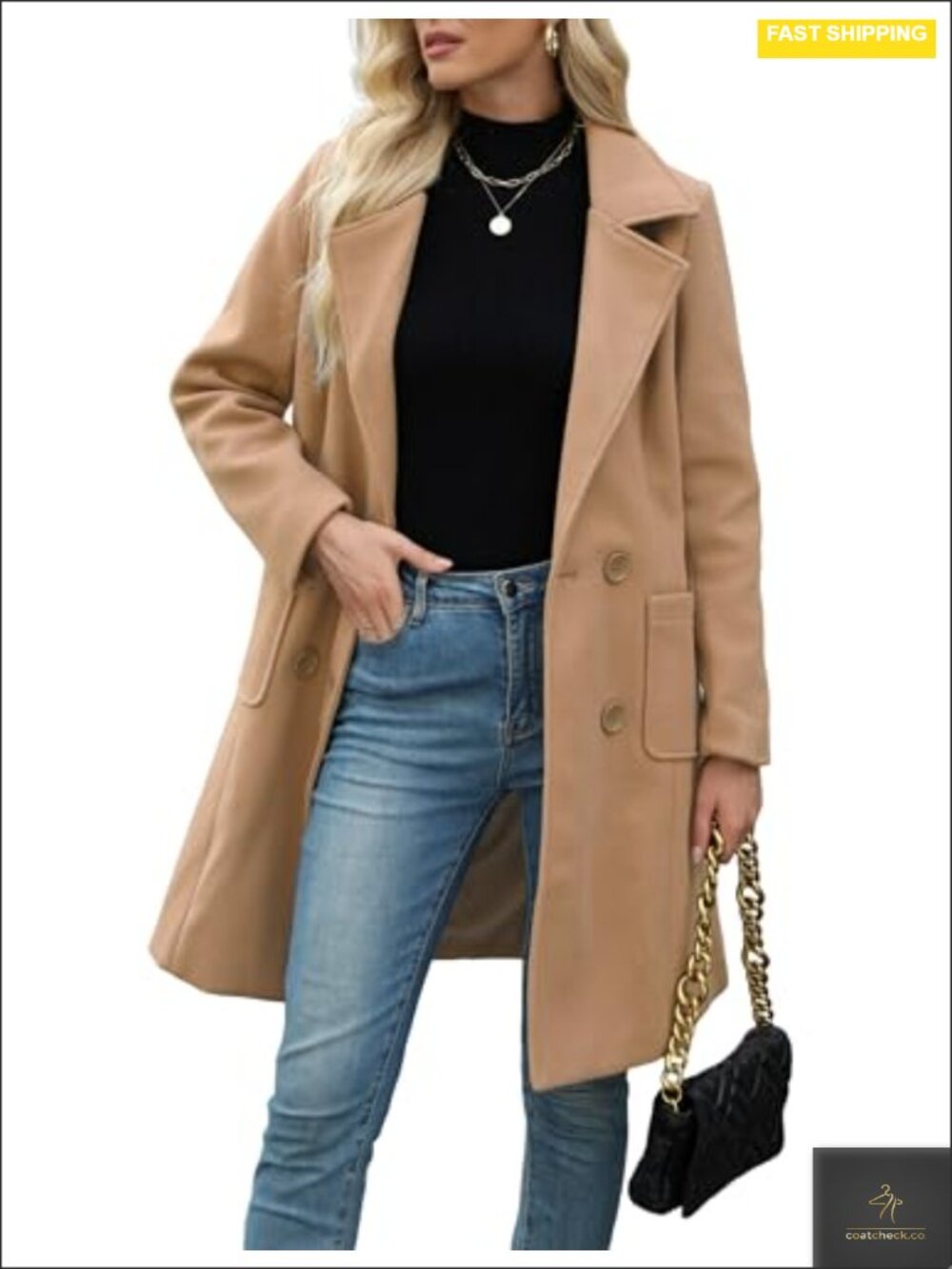 Women Mid-Length Peacoat Double-Breasted Notch Lapel Wool Blend Winter Jacket